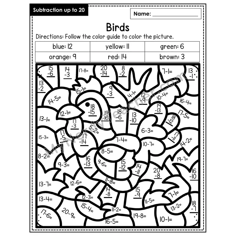 Subtraction to 20 Color by Number — Birds (Page 2)