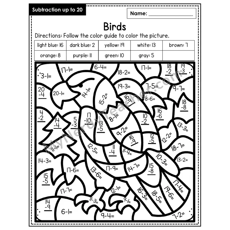 Subtraction to 20 Color by Number — Birds (Page 5)