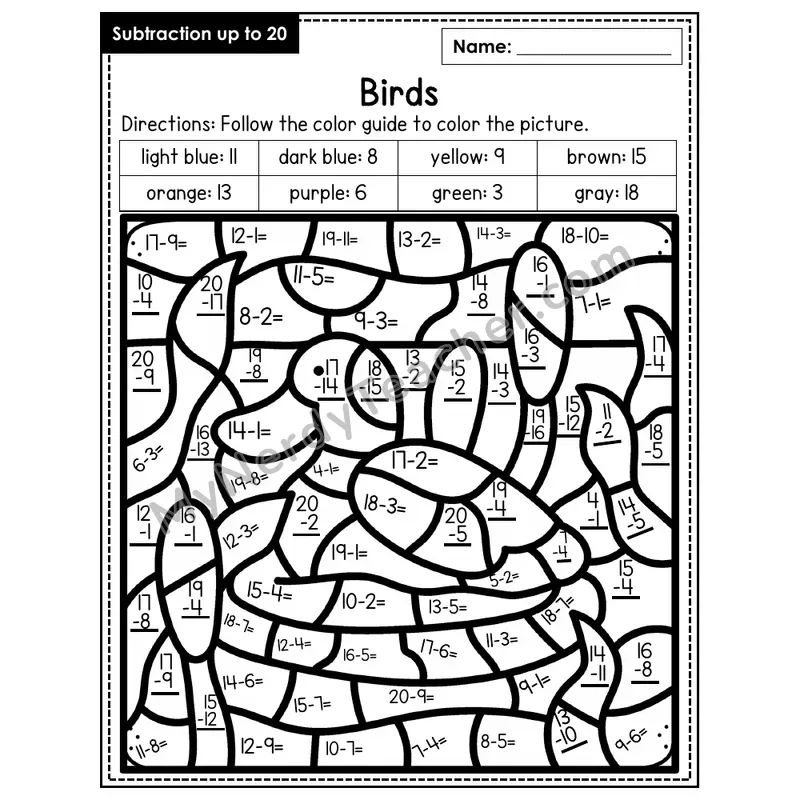 Subtraction to 20 Color by Number — Birds (Page 4)