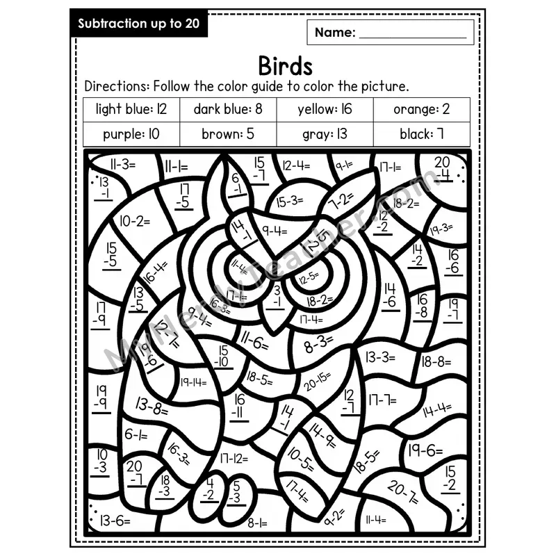 Subtraction to 20 Color by Number — Birds (Page 7)