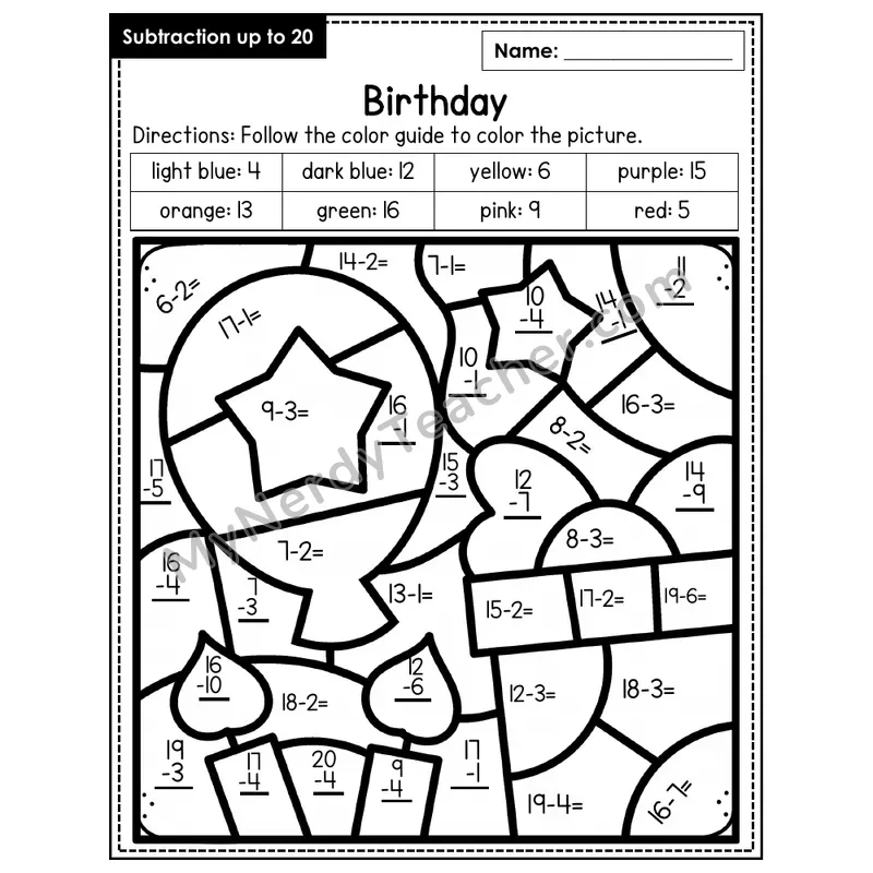 Subtraction to 20 Color by Number — Birthday (Page 2)