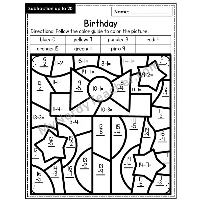 Subtraction to 20 Color by Number — Birthday (Page 8)