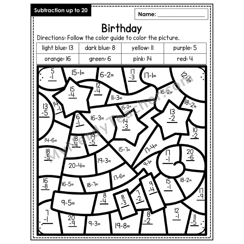Subtraction to 20 Color by Number — Birthday (Page 5)