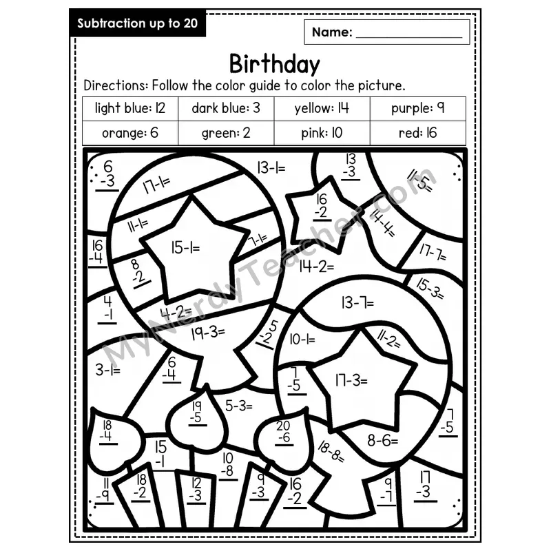 Subtraction to 20 Color by Number — Birthday (Page 7)