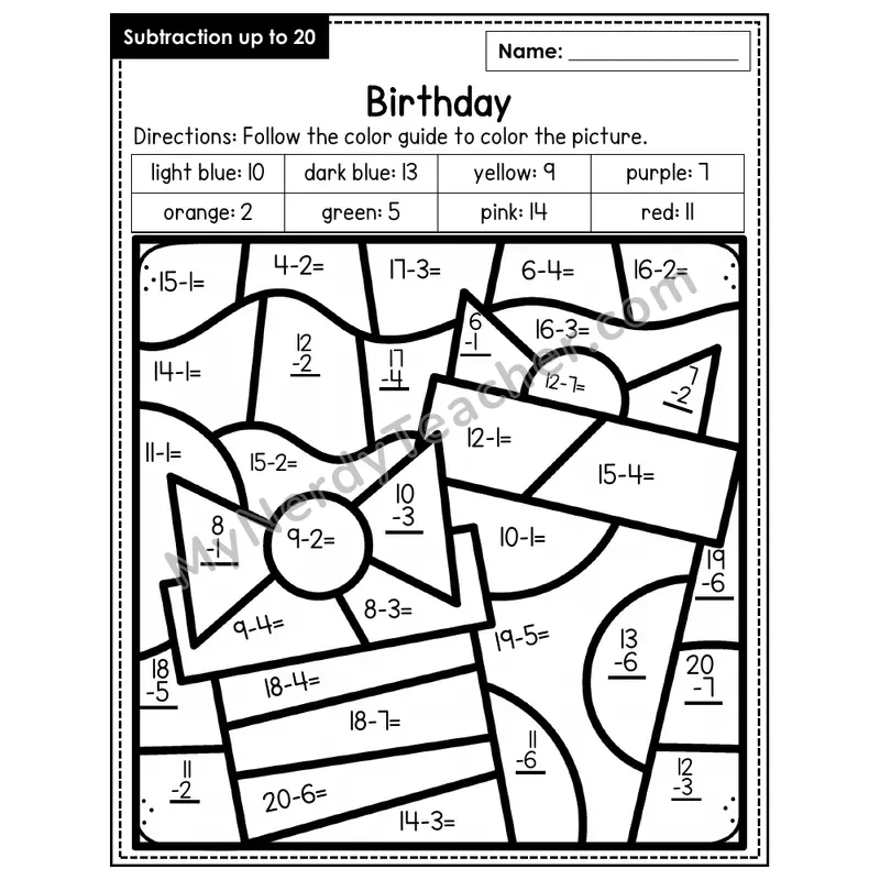 Subtraction to 20 Color by Number — Birthday (Page 4)