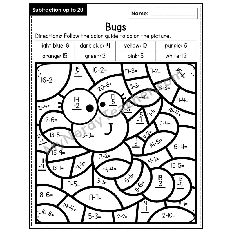 Subtraction to 20 Color by Number — Bugs (Page 2)