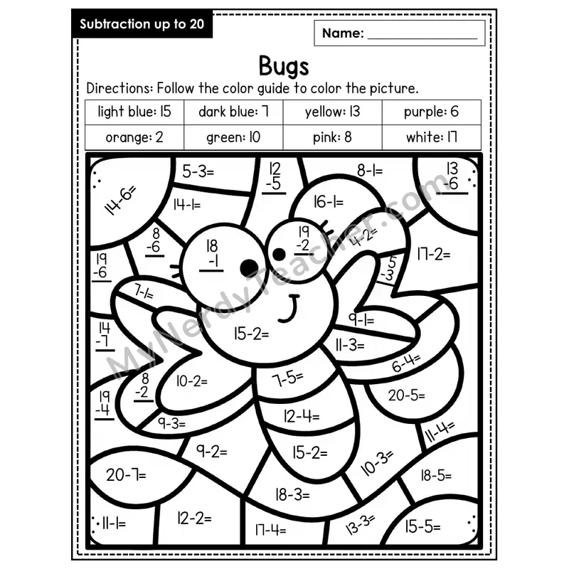 Subtraction to 20 Color by Number — Bugs (Page 8)