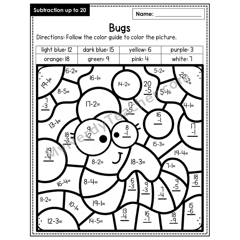 Subtraction to 20 Color by Number — Bugs (Page 7)