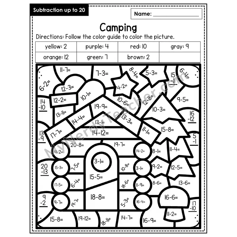 Subtraction to 20 Color by Number — Camping (Page 7)