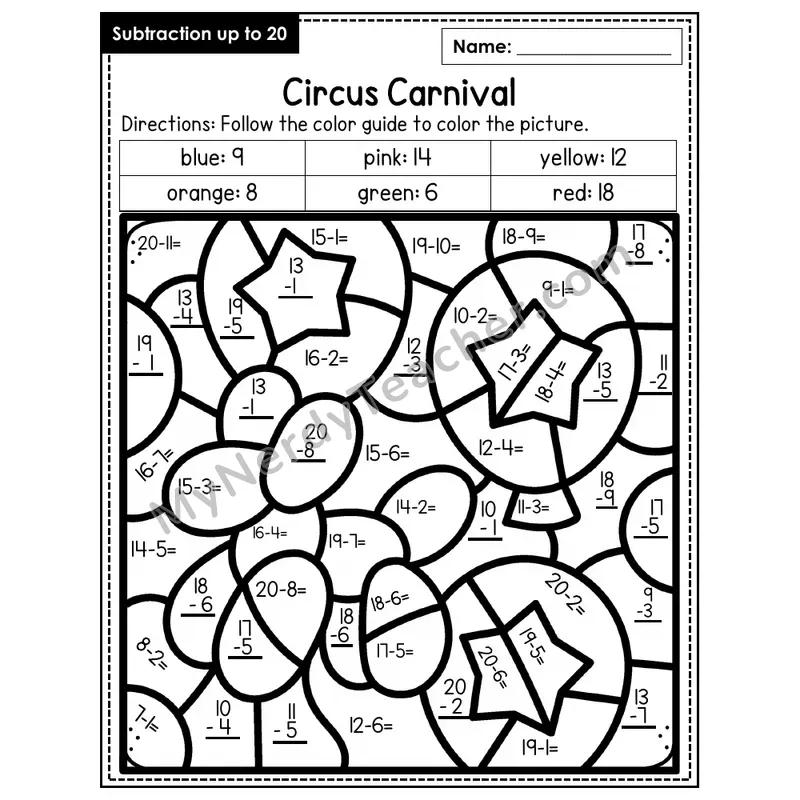 Subtraction to 20 Color by Number — Carnival (Page 1)