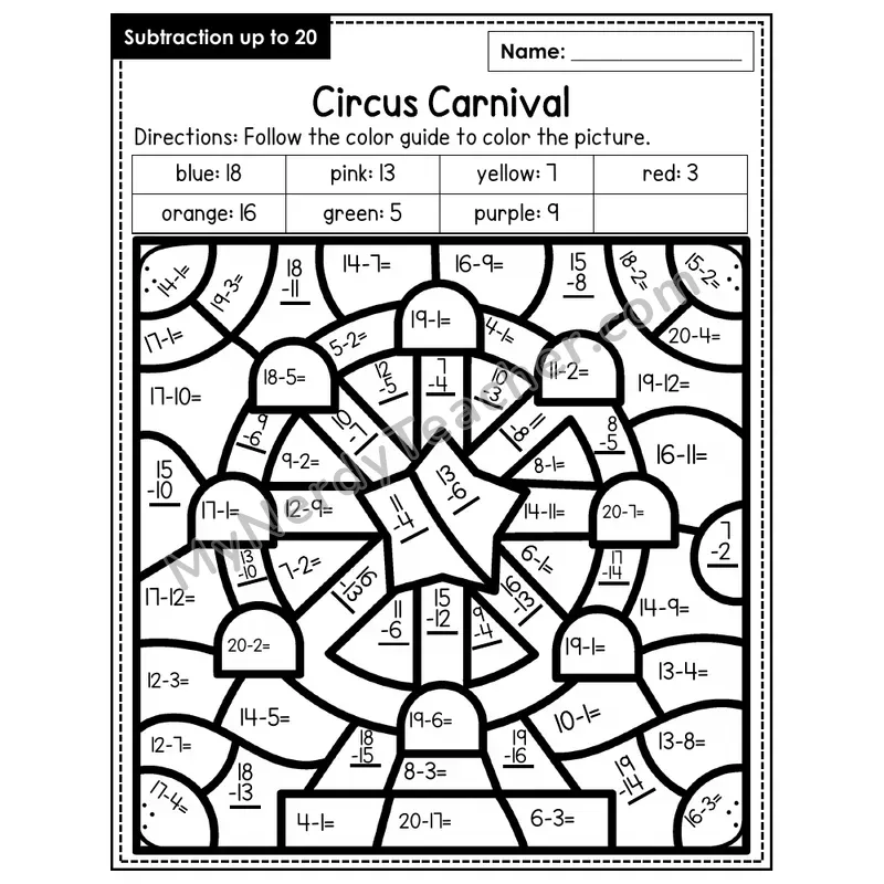 Subtraction to 20 Color by Number — Carnival (Page 3)