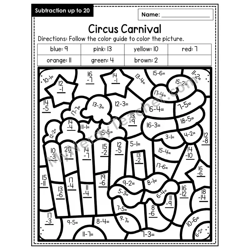 Subtraction to 20 Color by Number — Carnival (Page 2)