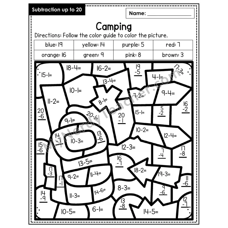 Subtraction to 20 Color by Number — Camping (Page 8)