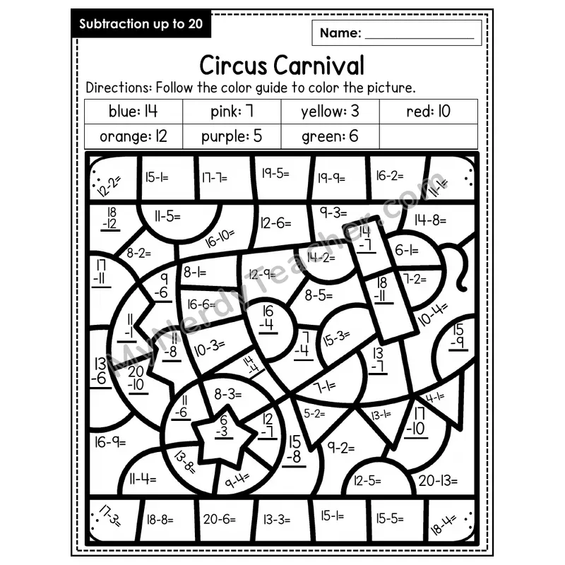 Subtraction to 20 Color by Number — Carnival (Page 7)