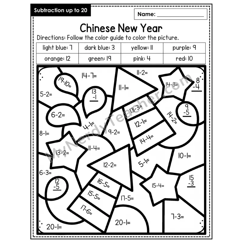Subtraction to 20 Color by Number — Chinese New Year (Page 4)