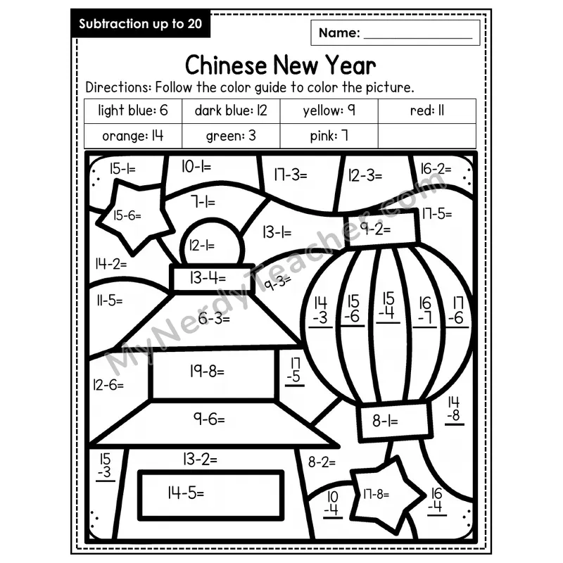 Subtraction to 20 Color by Number — Chinese New Year (Page 2)