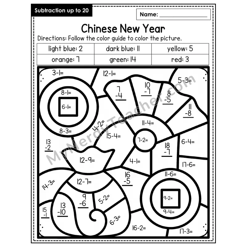 Subtraction to 20 Color by Number — Chinese New Year (Page 5)
