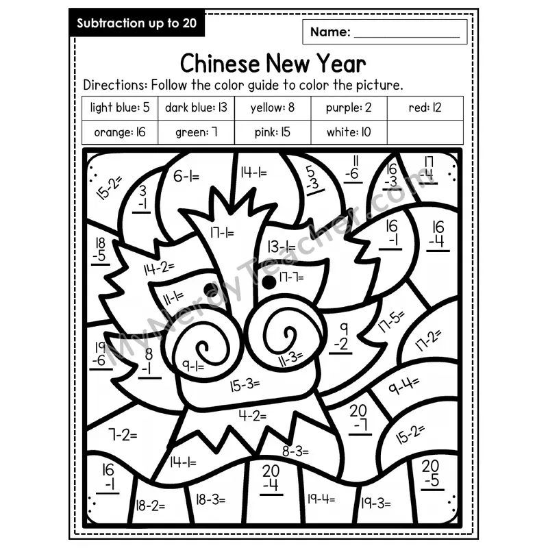 Subtraction to 20 Color by Number — Chinese New Year (Page 6)