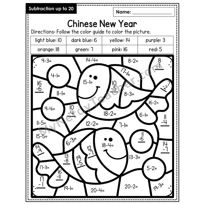Subtraction to 20 Color by Number — Chinese New Year (Page 3)