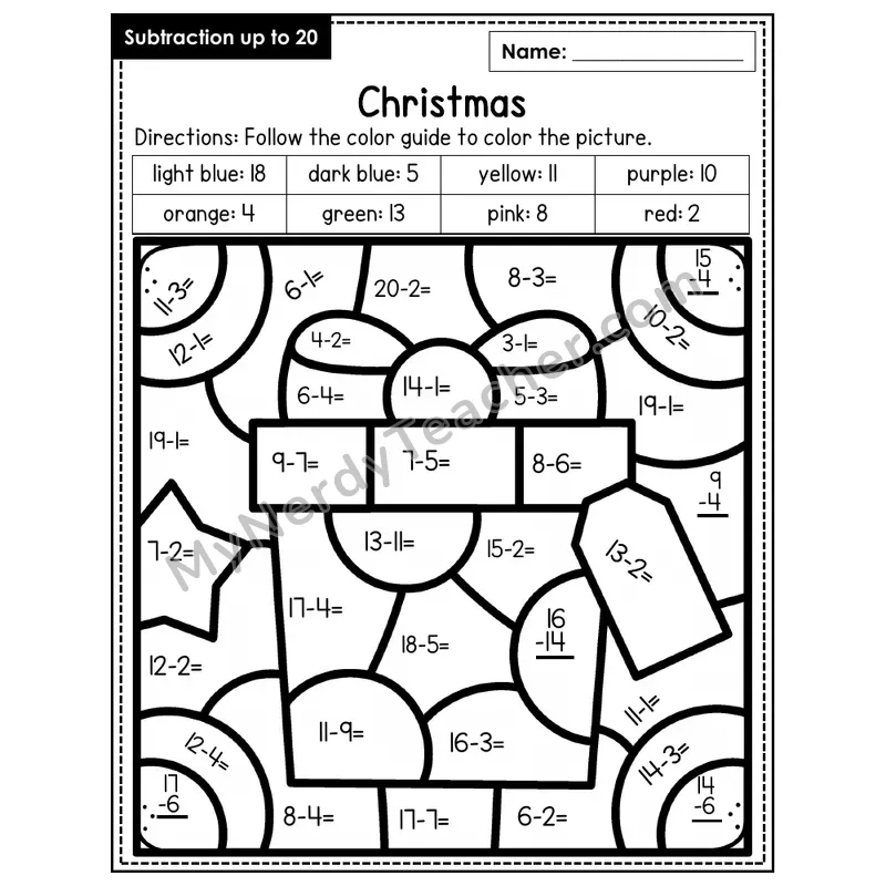 Subtraction to 20 Color by Number — Christmas (Page 2)