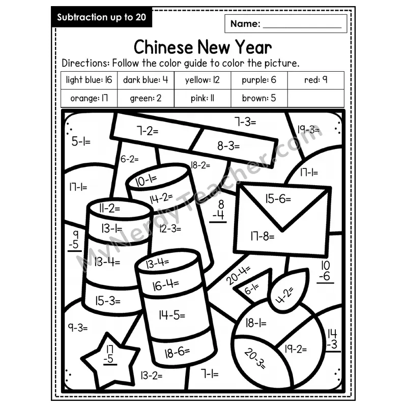 Subtraction to 20 Color by Number — Chinese New Year (Page 7)