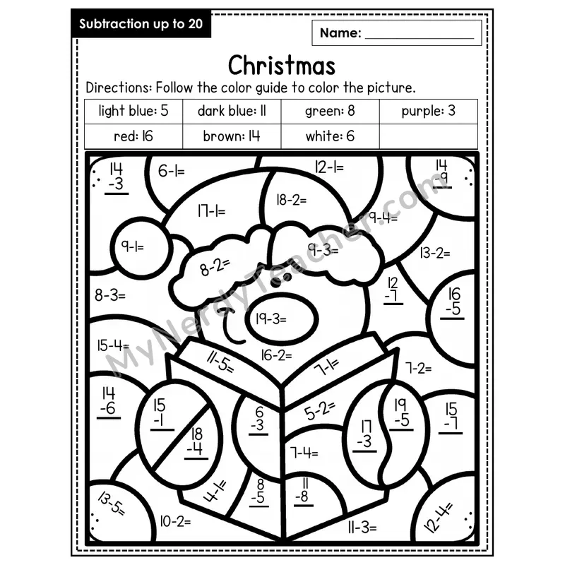 Subtraction to 20 Color by Number — Christmas (Page 3)