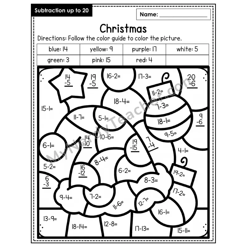 Subtraction to 20 Color by Number — Christmas (Page 7)