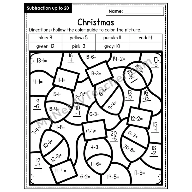 Subtraction to 20 Color by Number — Christmas (Page 4)