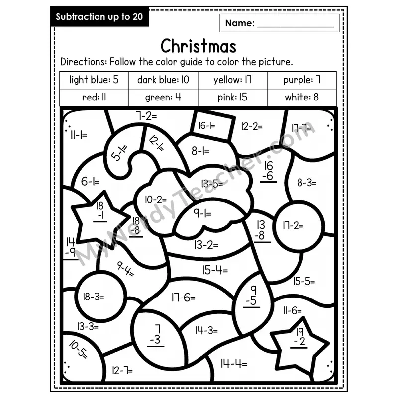Subtraction to 20 Color by Number — Christmas (Page 8)