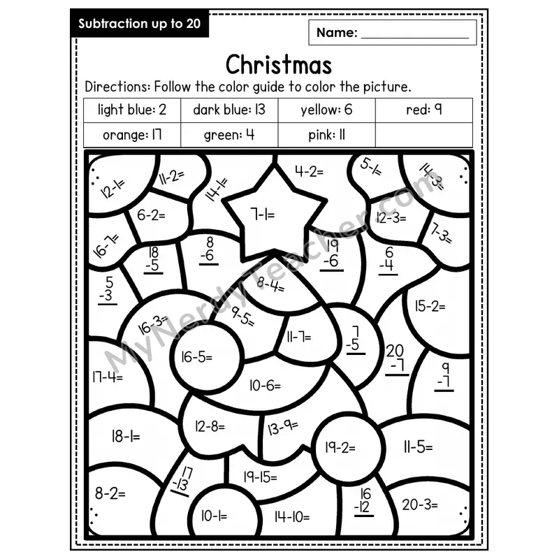 Subtraction to 20 Color by Number — Christmas (Page 9)