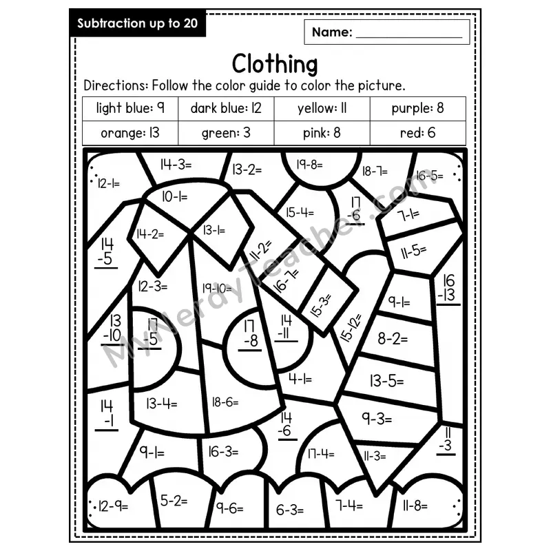 Subtraction to 20 Color by Number — Clothing (Page 1)