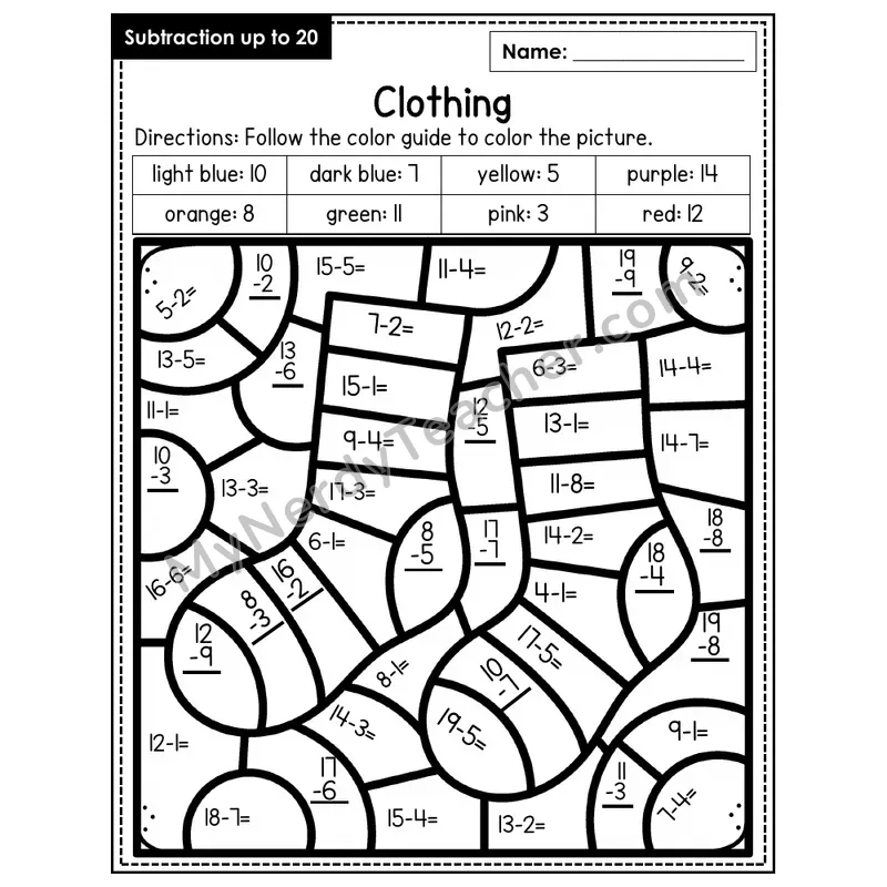 Subtraction to 20 Color by Number — Clothing (Page 7)