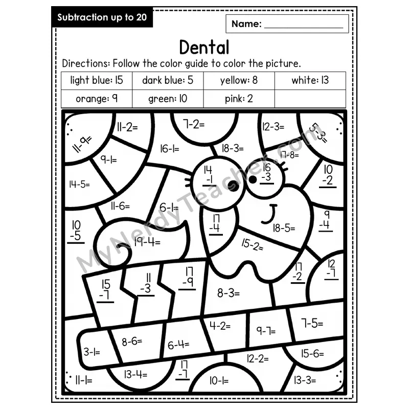 Subtraction to 20 Color by Number — Dental (Page 1)