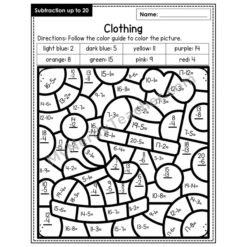 Subtraction to 20 Color by Number — Clothing (Page 6)