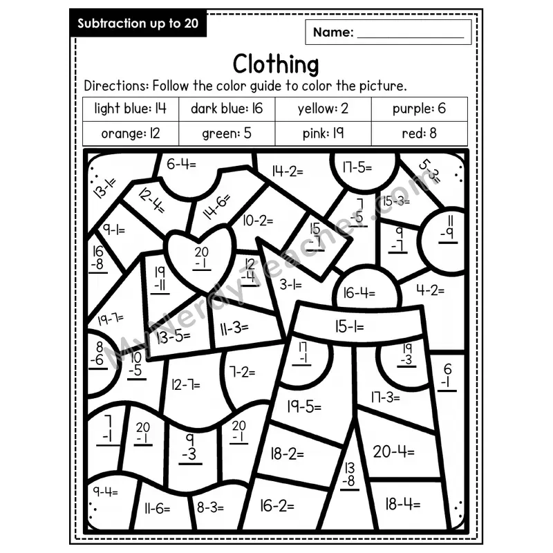Subtraction to 20 Color by Number — Clothing (Page 5)