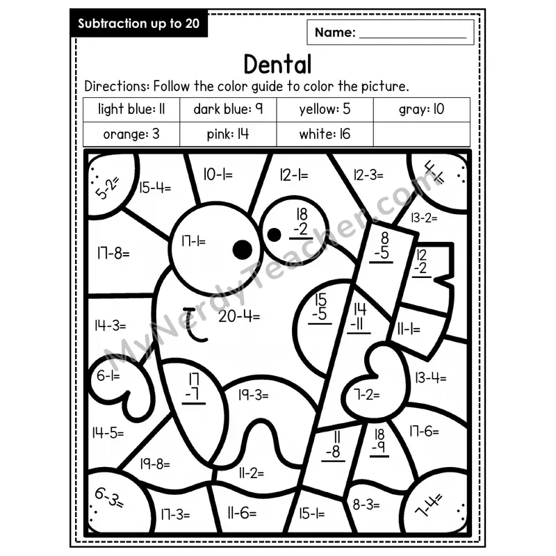 Subtraction to 20 Color by Number — Dental (Page 4)