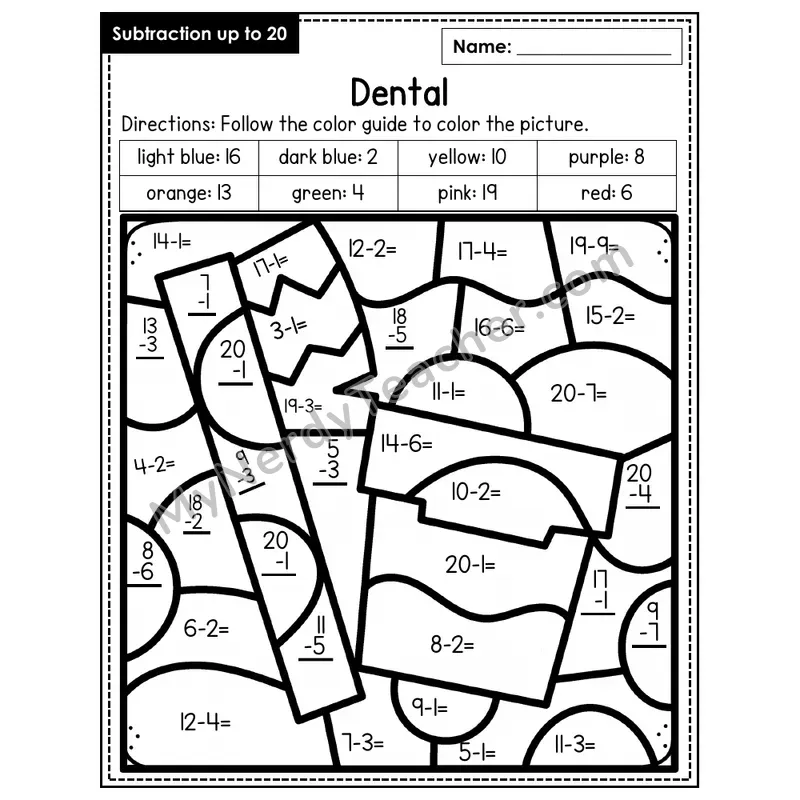 Subtraction to 20 Color by Number — Dental (Page 2)