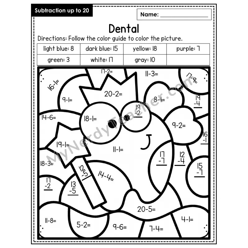 Subtraction to 20 Color by Number — Dental (Page 3)