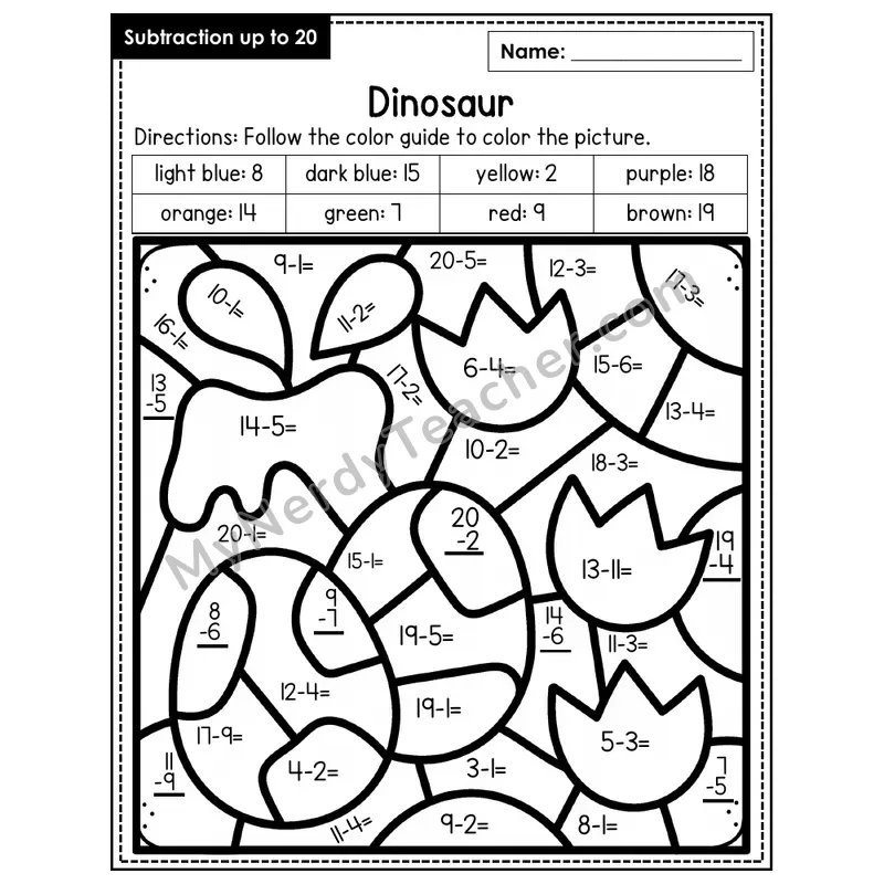 Subtraction to 20 Color by Number — Dinosaur (Page 2)
