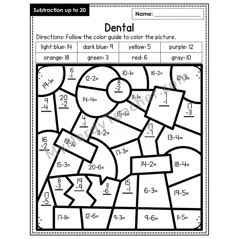 Subtraction to 20 Color by Number — Dental (Page 7)