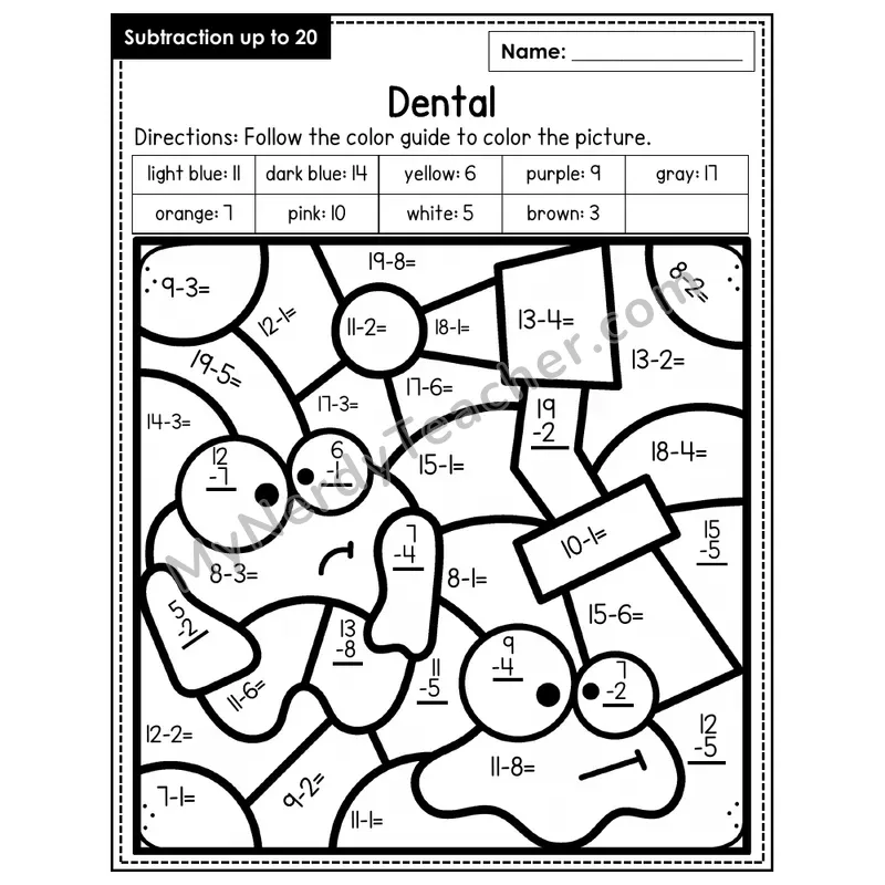 Subtraction to 20 Color by Number — Dental (Page 8)