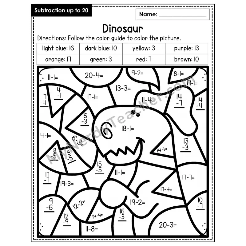 Subtraction to 20 Color by Number — Dinosaur (Page 3)