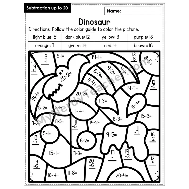 Subtraction to 20 Color by Number — Dinosaur (Page 1)