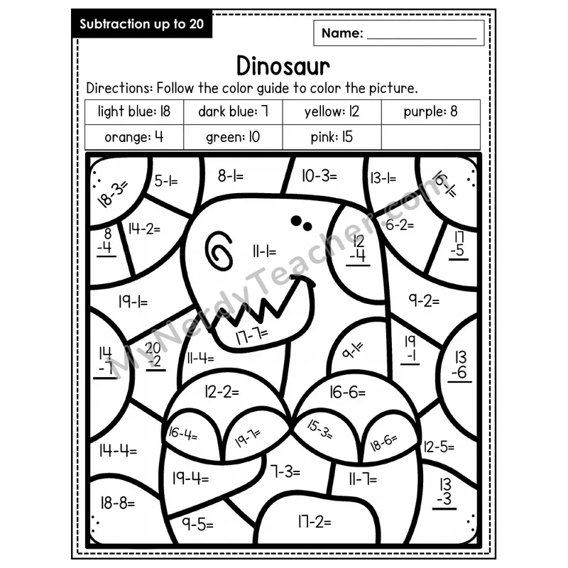 Subtraction to 20 Color by Number — Dinosaur (Page 8)