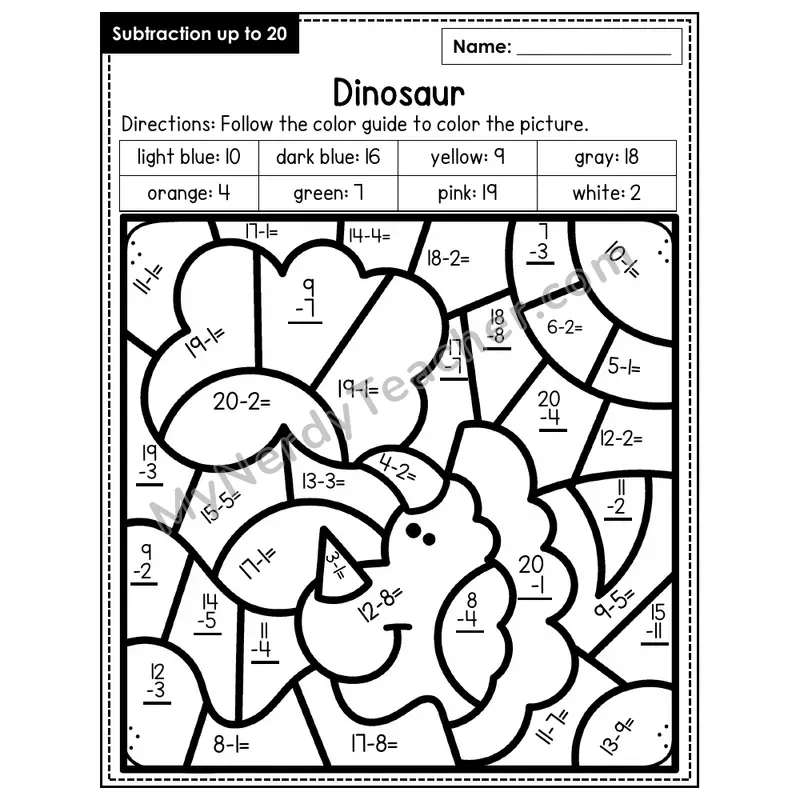 Subtraction to 20 Color by Number — Dinosaur (Page 4)