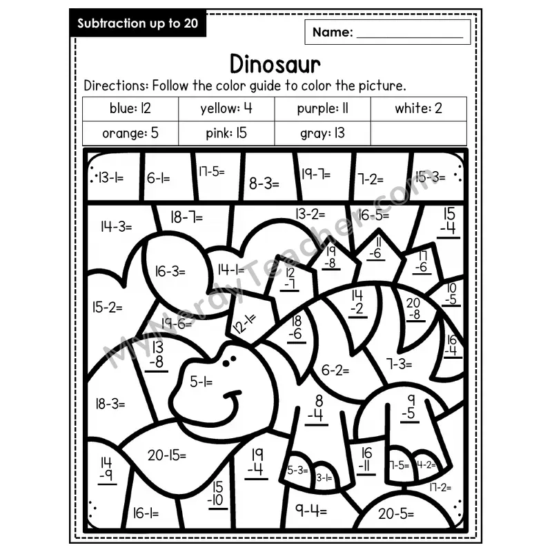 Subtraction to 20 Color by Number — Dinosaur (Page 6)