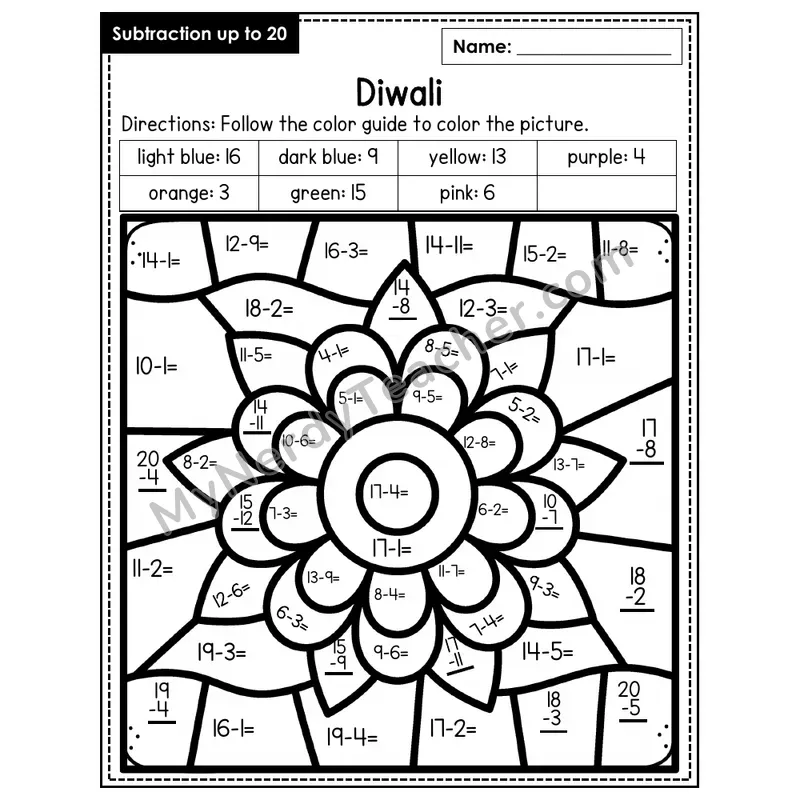 Subtraction to 20 Color by Number — Diwali (Page 2)