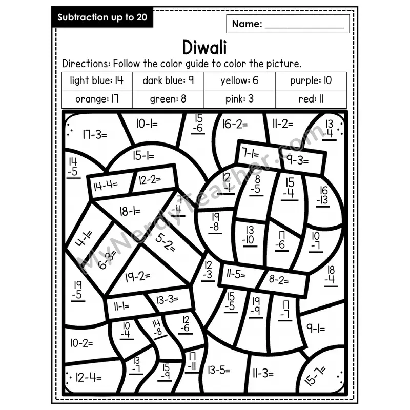 Subtraction to 20 Color by Number — Diwali (Page 5)