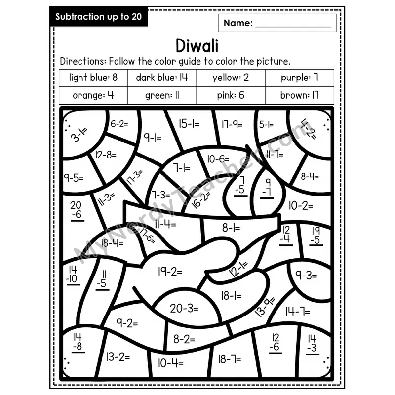Subtraction to 20 Color by Number — Diwali (Page 1)