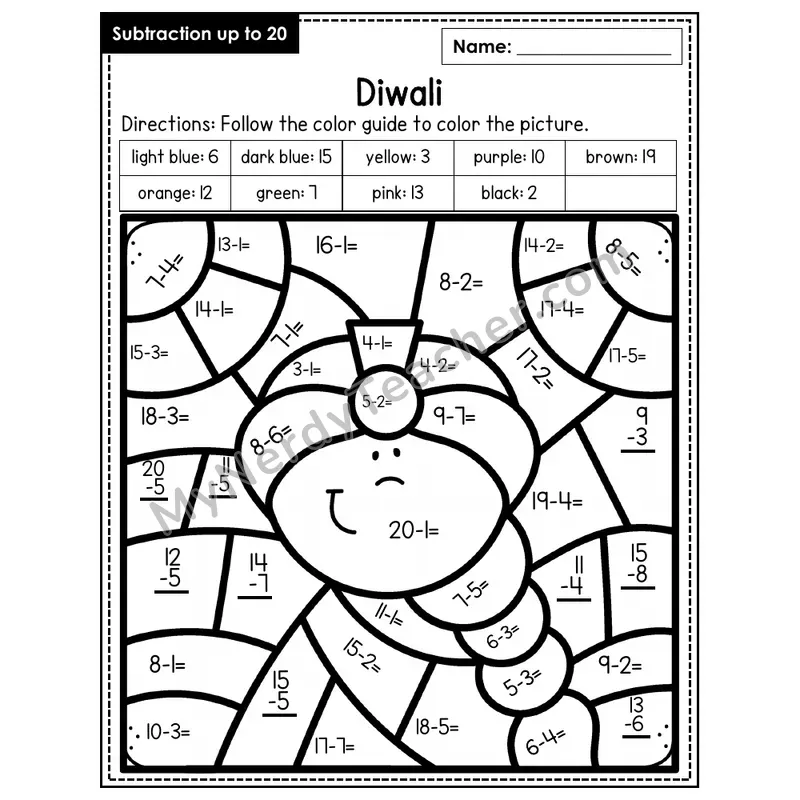 Subtraction to 20 Color by Number — Diwali (Page 8)